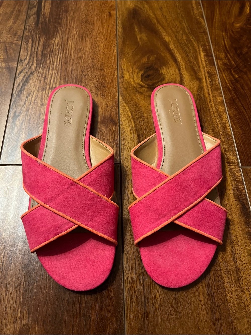 J. Crew Hot Pink Suede Crisscross Slide Sandals with Orange Trim